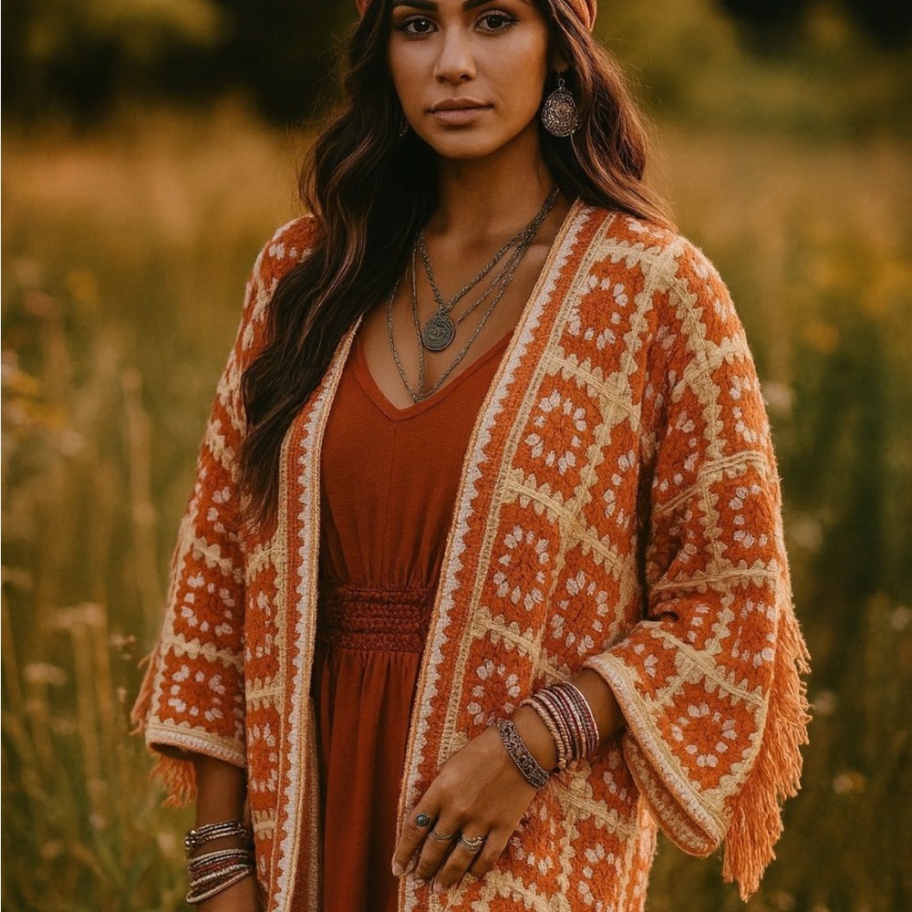 Forever 21 Orange and Cream Granny Square Cardigan